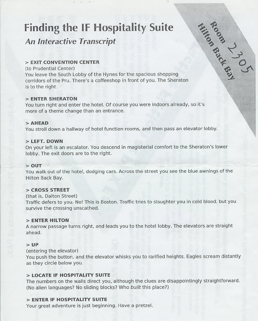 Photocopy - the back side of a flyer advertising the IF Hospitality Suite at PAX East 2010 - a faux IF transcript about finding the suite.