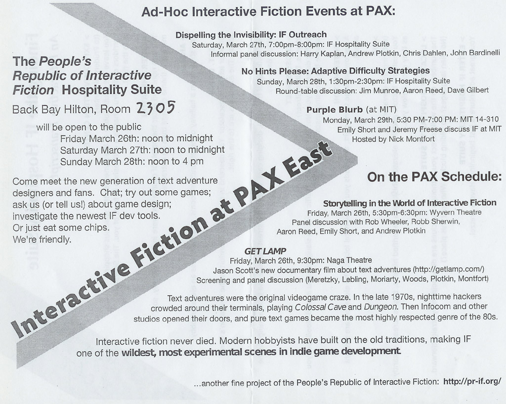 Photocopy - the front side of a flyer advertising "The People's Republic of Interactive Fiction" Hospitality Suite at PAX East 2010, listing various IF-related events at the con and in the room.